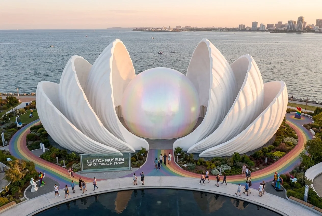 The LGBTQ+ Museum of Cultural History building, shaped like a large white lotus flower, is situated by a body of water with a city skyline in the background. The building features large petal-like structures surrounding a central iridescent spherical element, with a rainbow-colored pathway leading to the entrance, and people walking around.