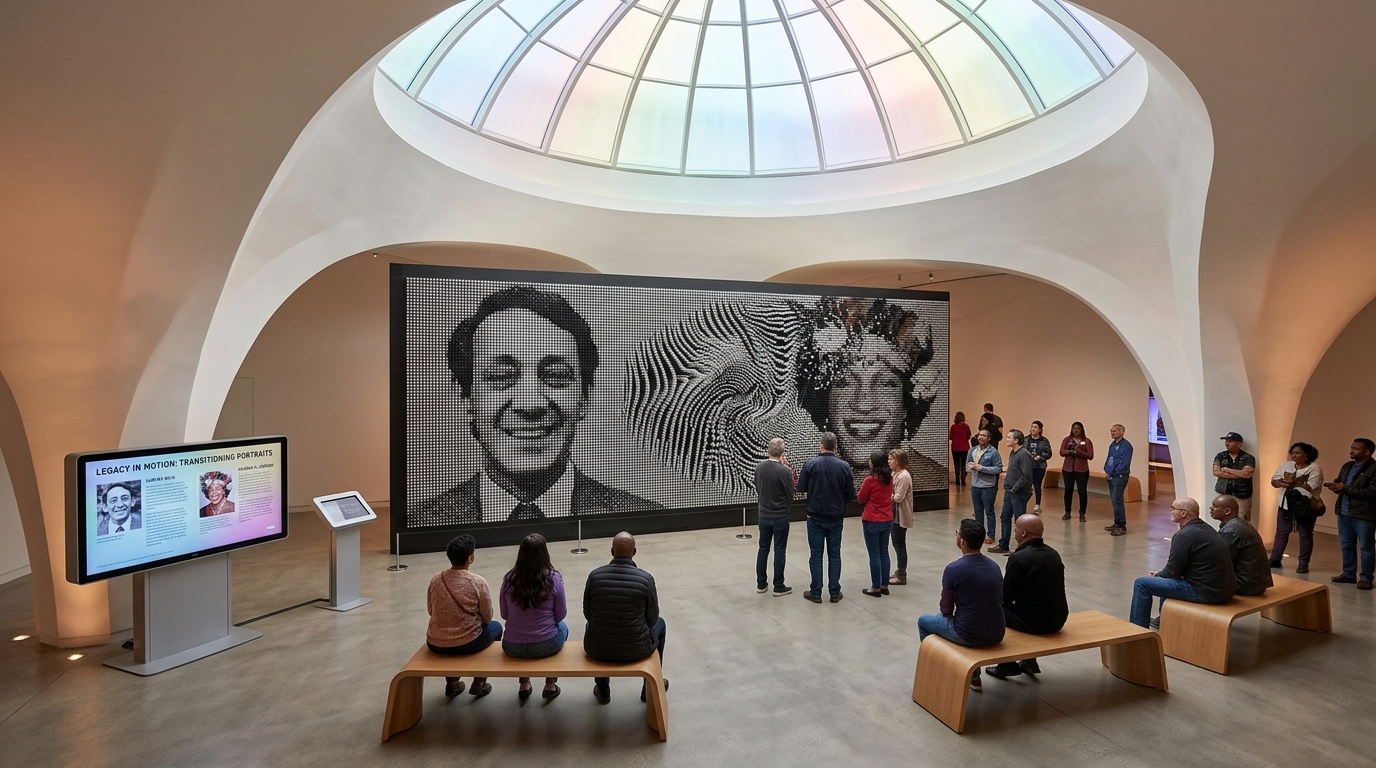 People viewing an art installation featuring large pixelated portraits of two smiling individuals in a modern, well-lit museum or gallery space.