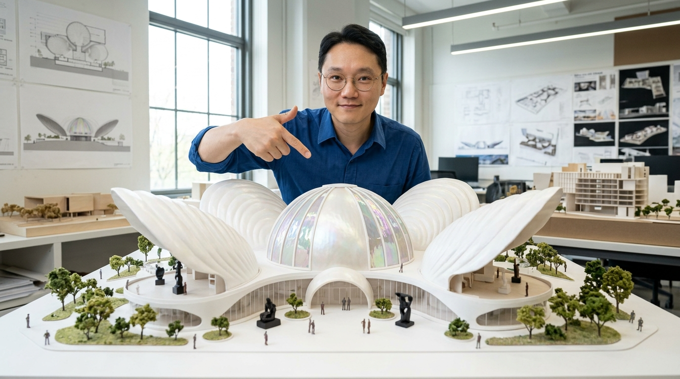 An architect in a blue shirt and glasses points to a detailed architectural scale model of a modern building with curved, shell-like structures and a central dome, set in a room with large windows, architectural drawings on the walls, and additional models and plans on tables.