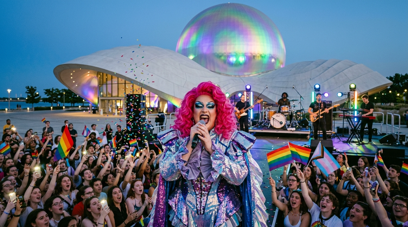 Performer with bright pink hair and glamorous outfit sings on stage at outdoor LGBTQ+ pride event, with rainbow flags and enthusiastic crowd.