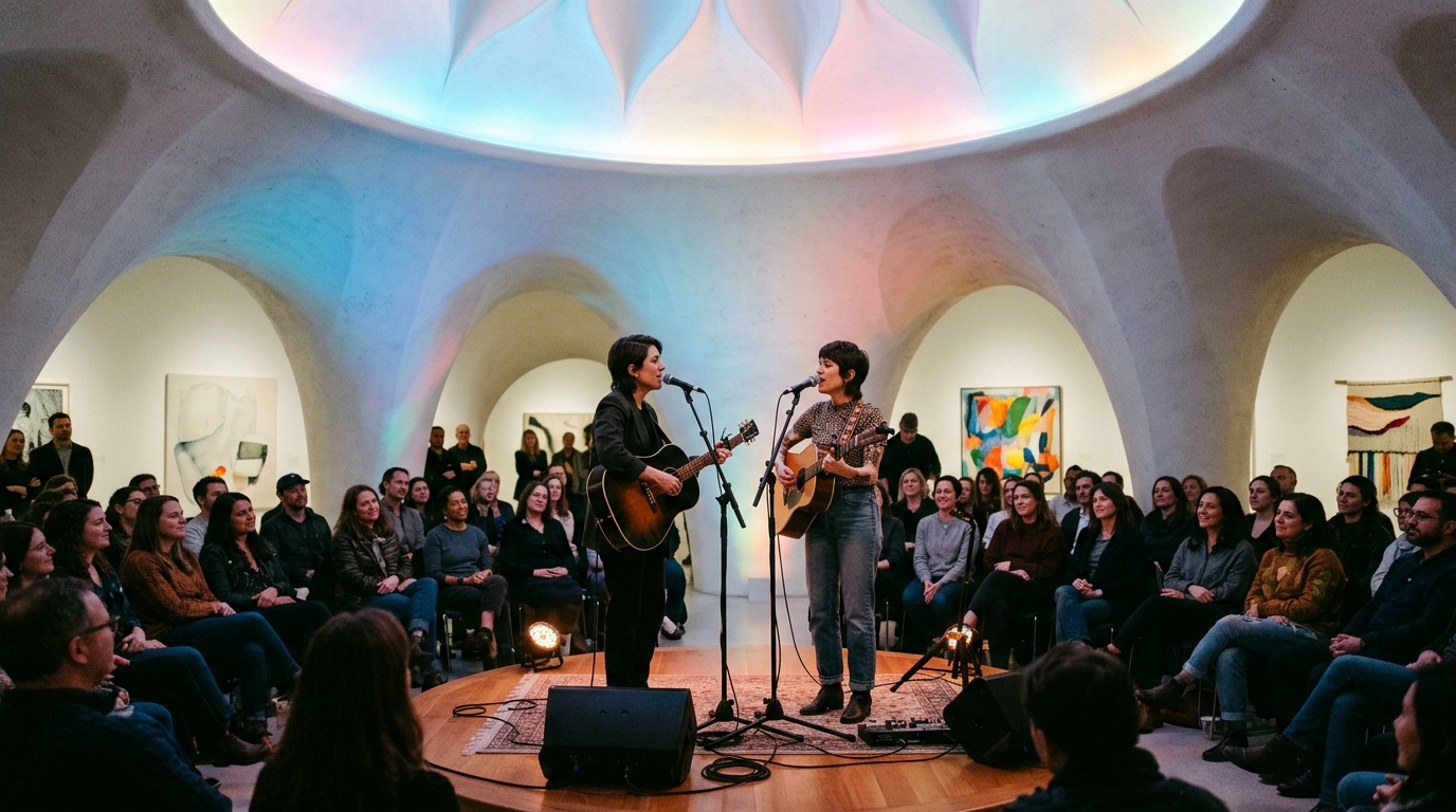 Two women playing acoustic guitars and singing on a small stage inside an art gallery with colorful paintings and sculptures, surrounded by an attentive audience.