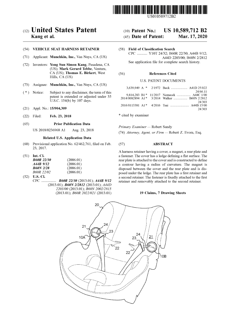 Diagram illustrating a vehicle seat harness retainer with components labeled, including covers, magnetic elements, and fasteners.