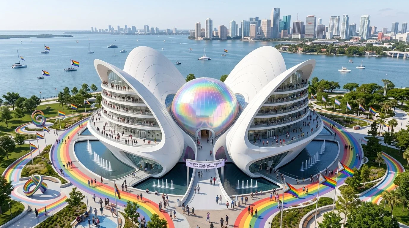 Futuristic building shaped like butterfly wings with a rainbow-colored glass sphere in the center, surrounded by rainbow pathways, flags, and a city skyline with water in the background.