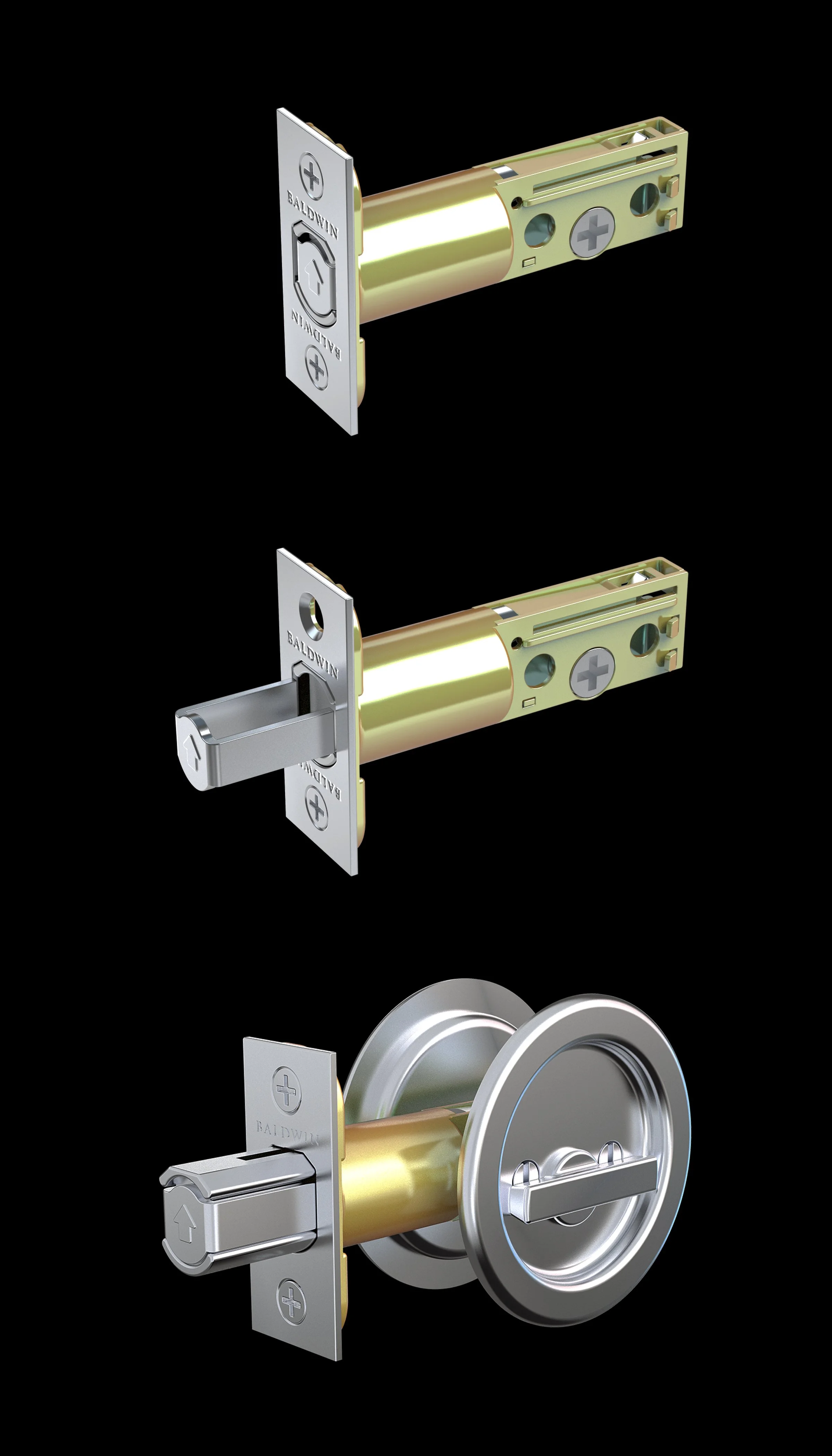 Disassembled door lock mechanism including latch, bolt, and strike plate
