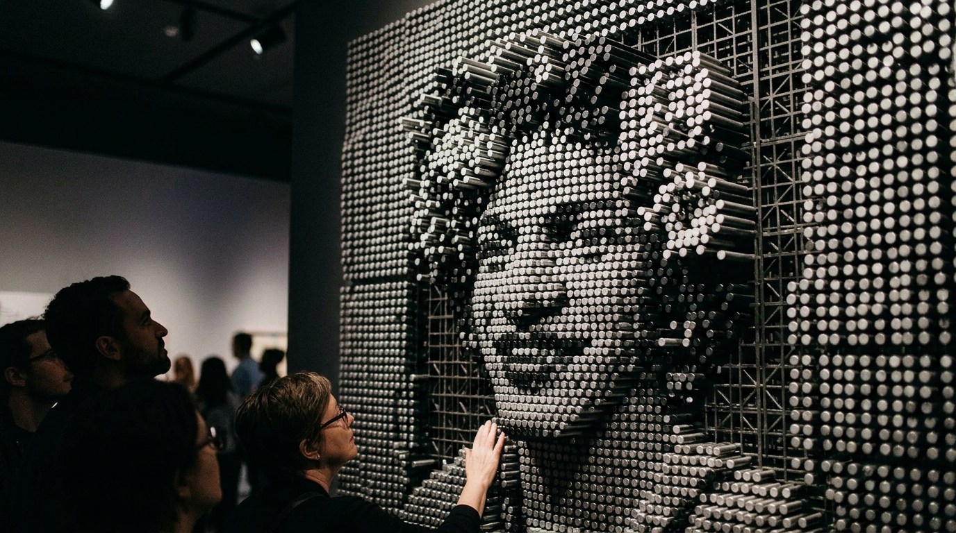 People observing a large pixelated art installation of a smiling woman's face in a gallery.