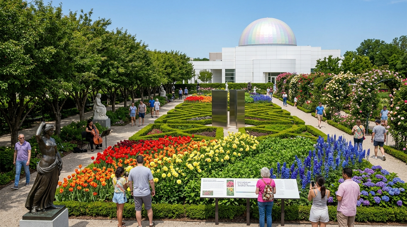 Colorful flower garden with statue in foreground, people walking and viewing flowers, white building with observatory dome in background.