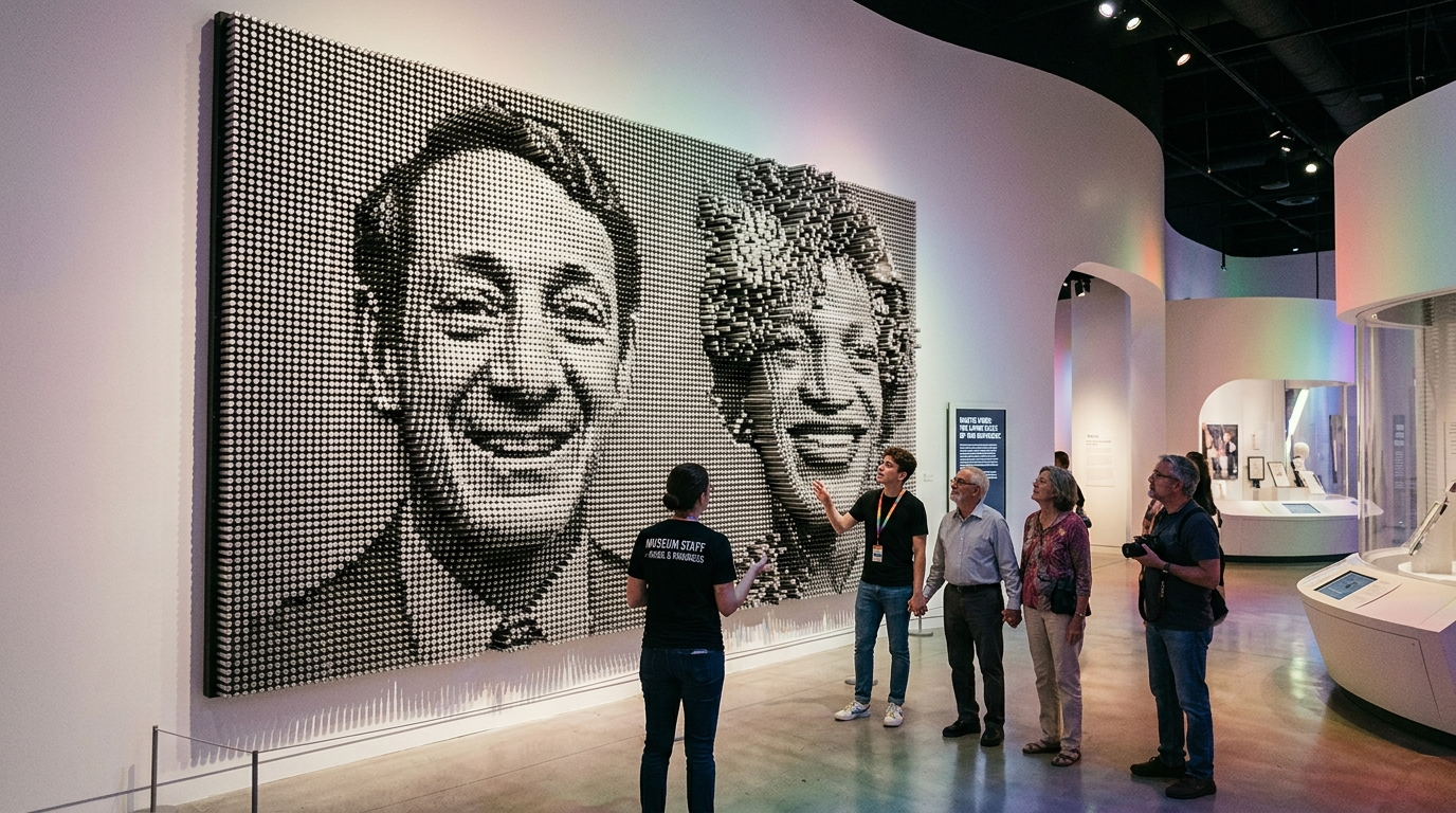 A group of visitors at a museum exhibit featuring a large mosaic portrait of two women, made of small circular tiles or objects, with museum staff explaining the artwork.