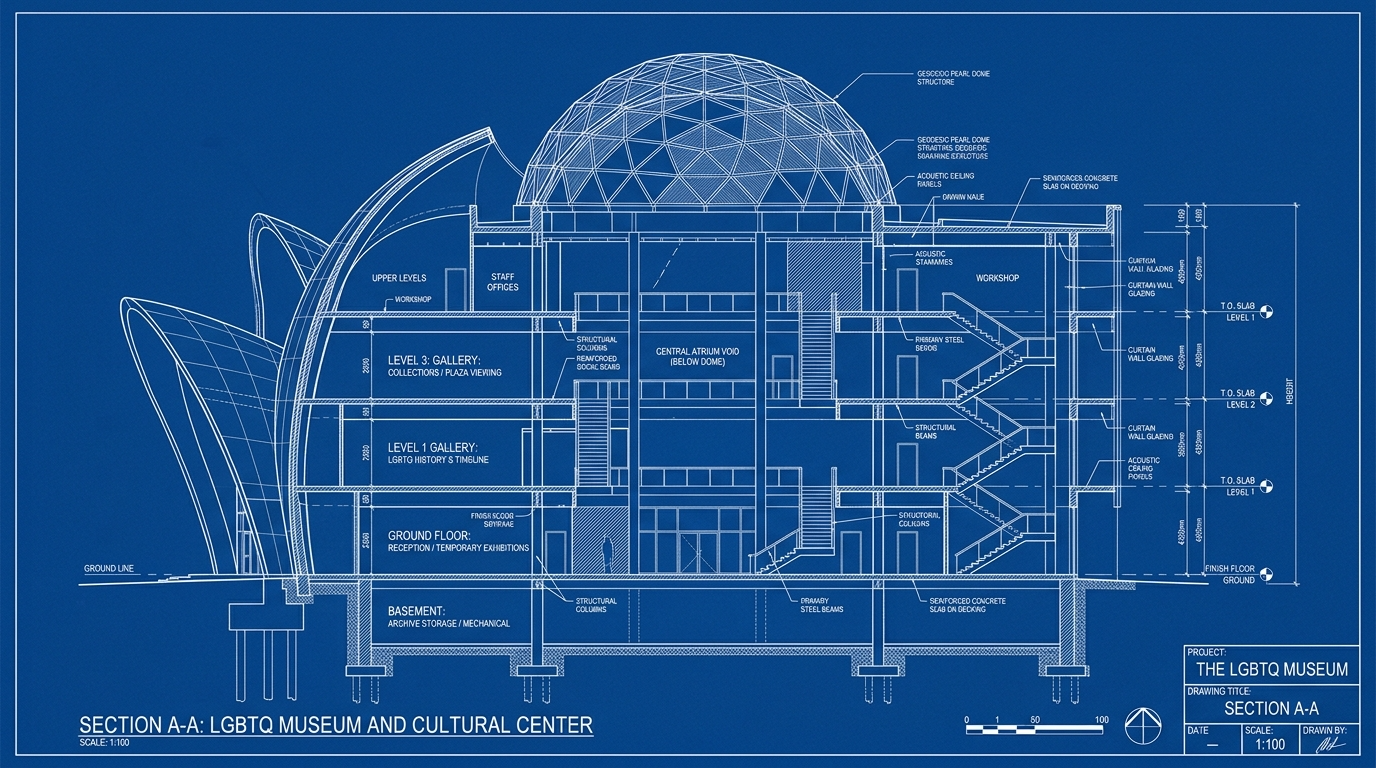 Blueprint of the LGBTQ Museum and Cultural Center, showing sections like basement, ground floor, levels 1, 2, and 3, with labels for galleries, workshops, offices, and structural elements.