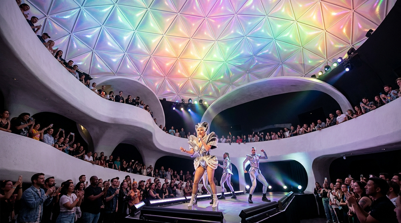 Performance on a stage at a modern theater with a colorful, geometric dome ceiling. A performer dressed in an elaborate silver costume is singing with dancers behind her, while an audience watches and photographs from balconies and ground level.