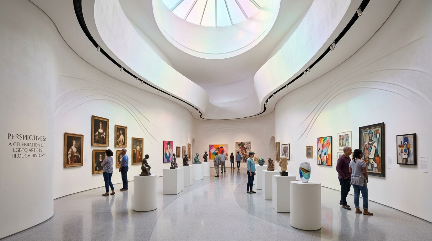 People viewing artwork and sculptures in a modern art museum gallery with a high, curved ceiling and a skylight.