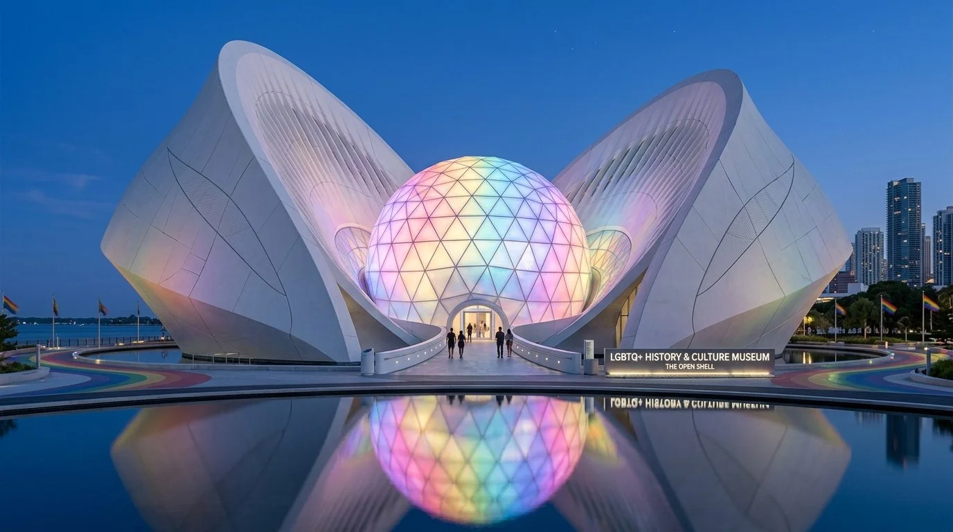 LGBTQ+ history and culture museum building with a futuristic design, illuminated with colorful lights, reflecting in a pool of water in front.