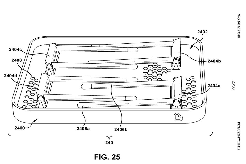 Diagram of a battery charger with three slots, each containing a rod and a set of small holes for ventilation, labeled with part numbers.
