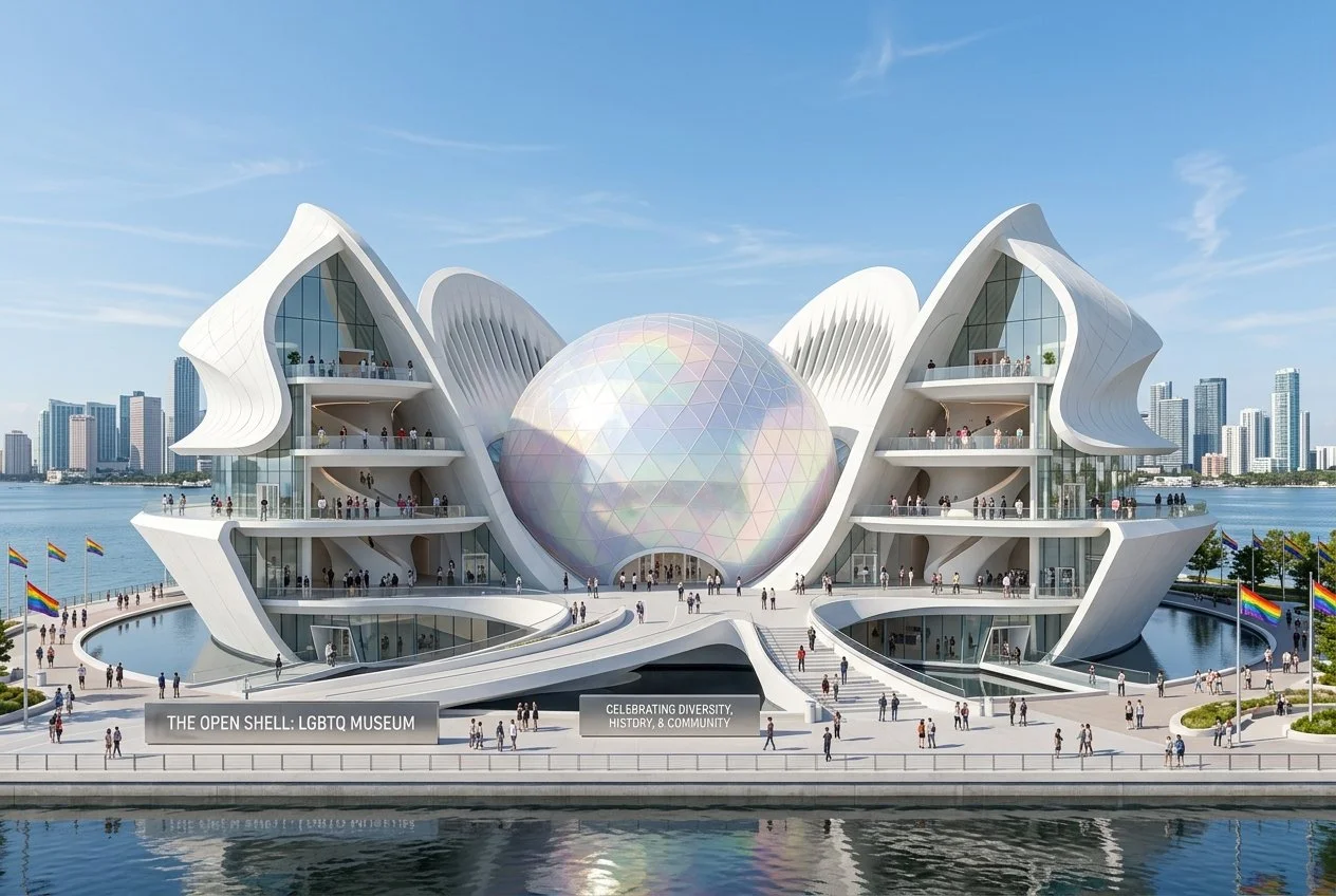 Futuristic LGBTQ Museum with a large iridescent sphere at the center, surrounded by architectural structures resembling open shells, located on a waterfront with people walking and a city skyline in the background.