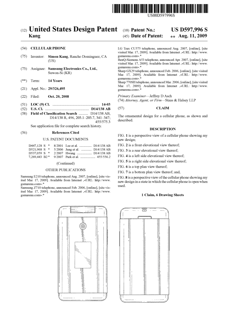 Drawing of a cellphone with front and back views.