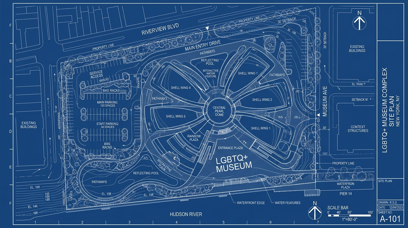 Blueprint of an LGBTQ+ museum site plan showing parking areas, pathways, central dome, building wings, reflecting pool, rainbow plaza, water features, and surrounding streets with water frontage along the Hudson River.