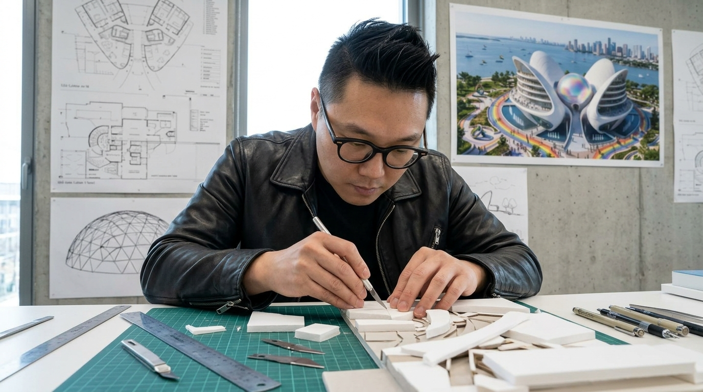 Architect working on architectural model with drawings and tools on table, in modern studio with building designs on poster boards.