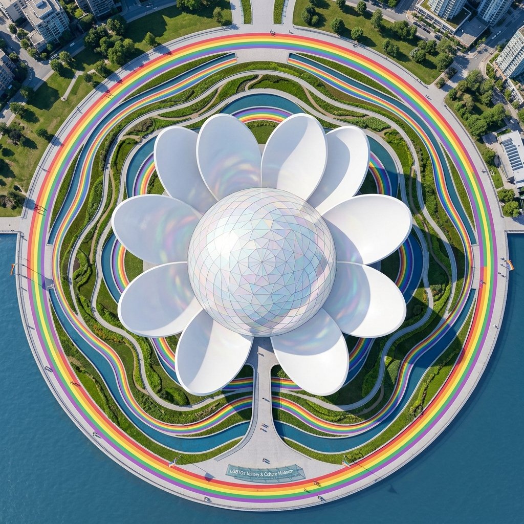 Aerial view of a modern building designed like a white flower with a large, spherical, glass center, surrounded by colorful rainbow-striped pathways and green landscaping, located near water.
