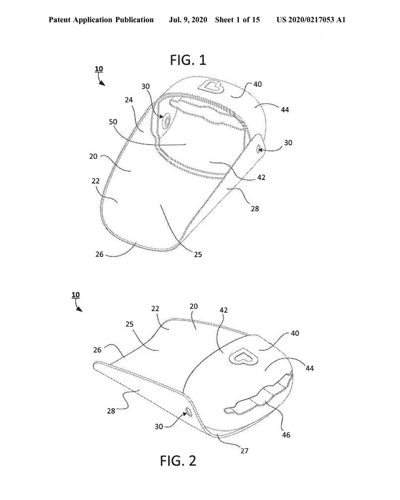 Patent drawing of a foldable electronic device, shown from top and bottom perspectives, featuring a heart-shaped button and various structural components.