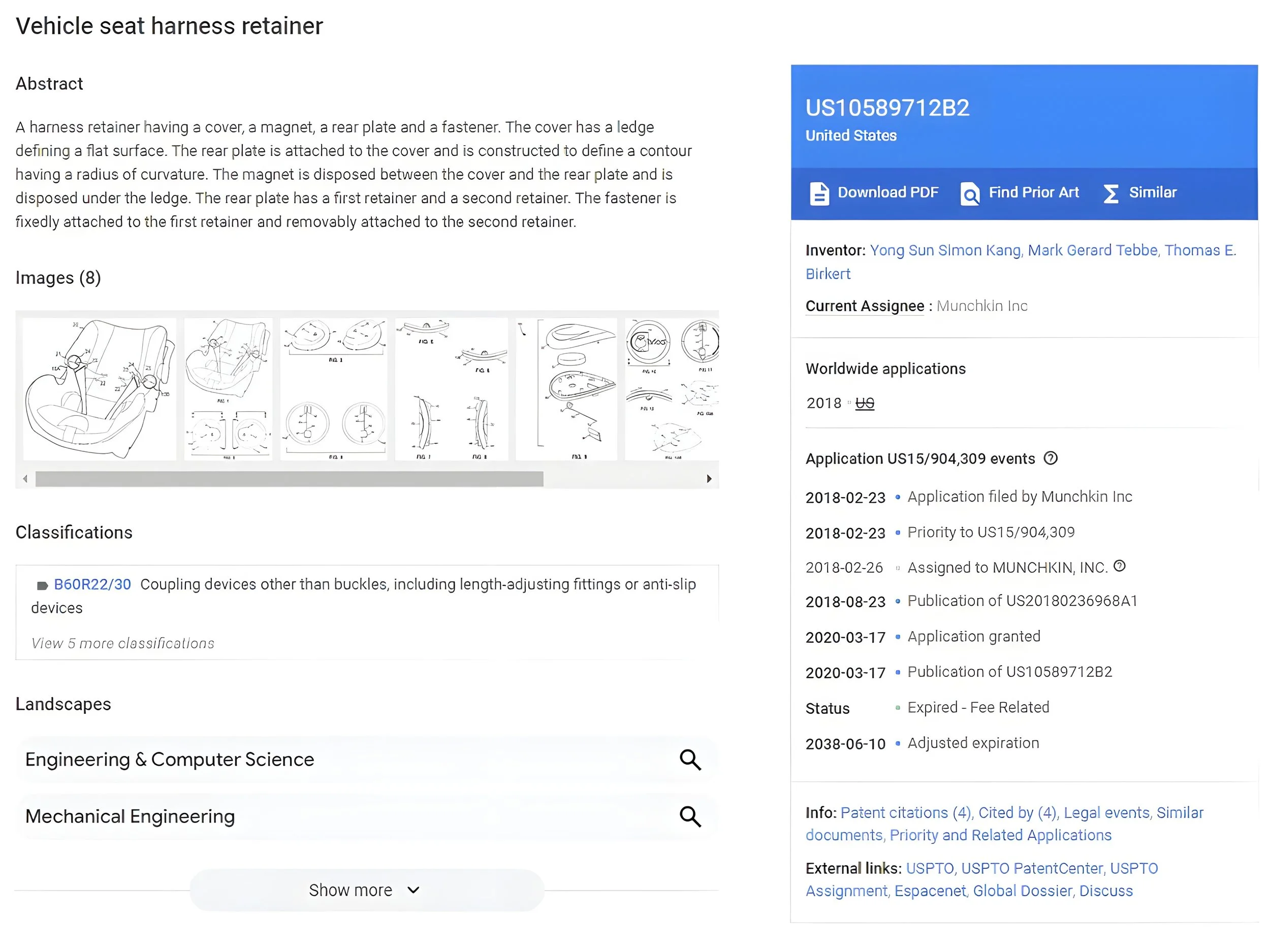 Patent application details for a vehicle seat harness retainer, including sketches of the device, classifications, and application history.