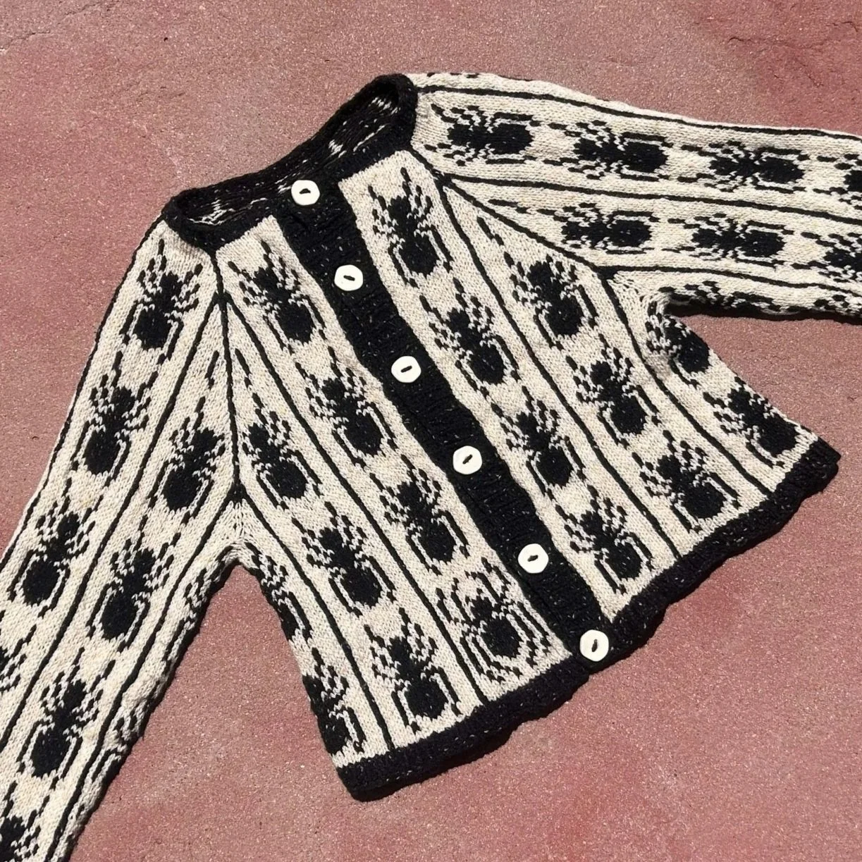 Ants in a Row Cardigan version 2 (coming fall 2026)
Yarn: Kelbourne Woolens Lucky Tweed in Natural and Black