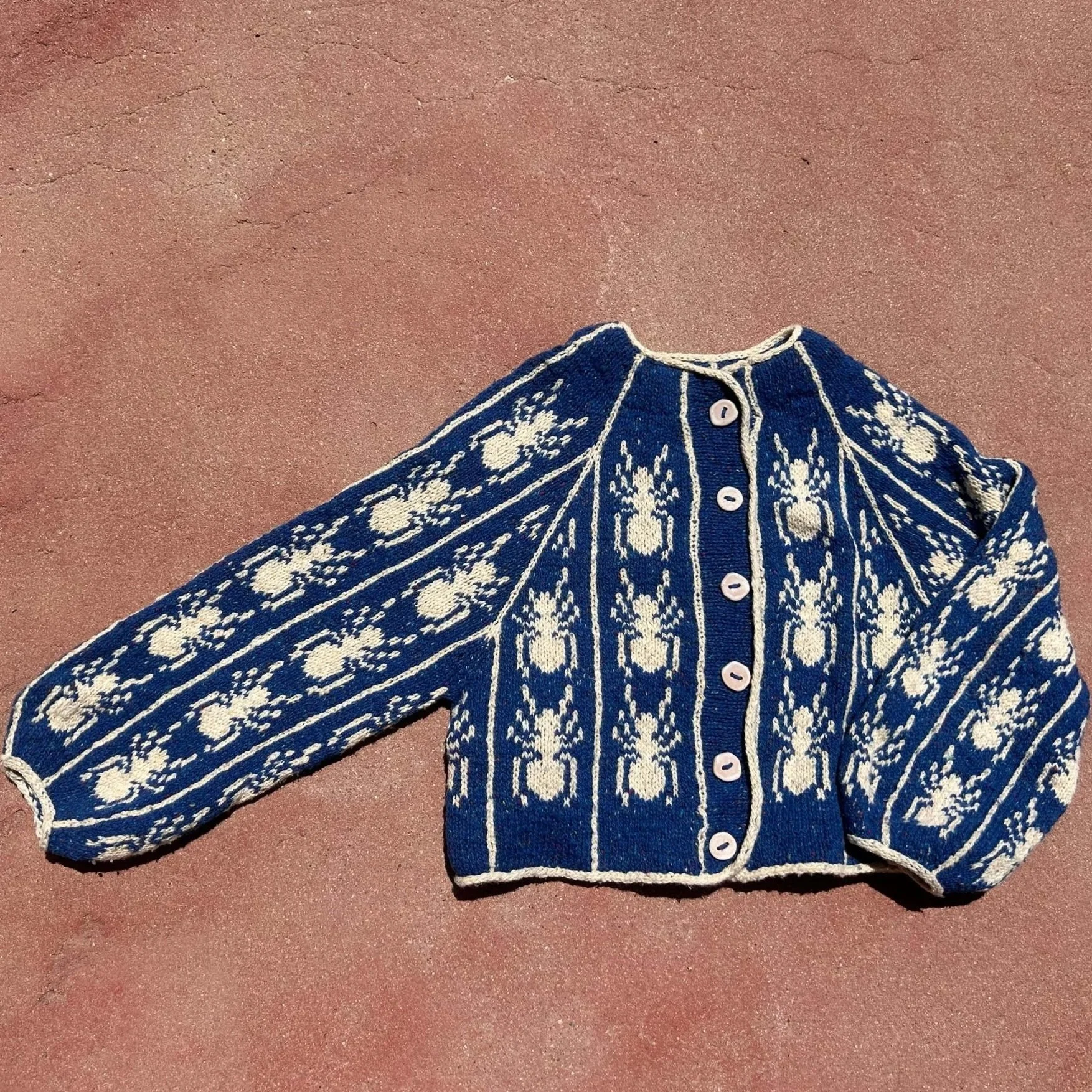 Ants in a Row Cardigan (pattern coming fall 2026)
Yarn: Kelbourne Woolens Lucky Tweed in Natural and Bright Blue