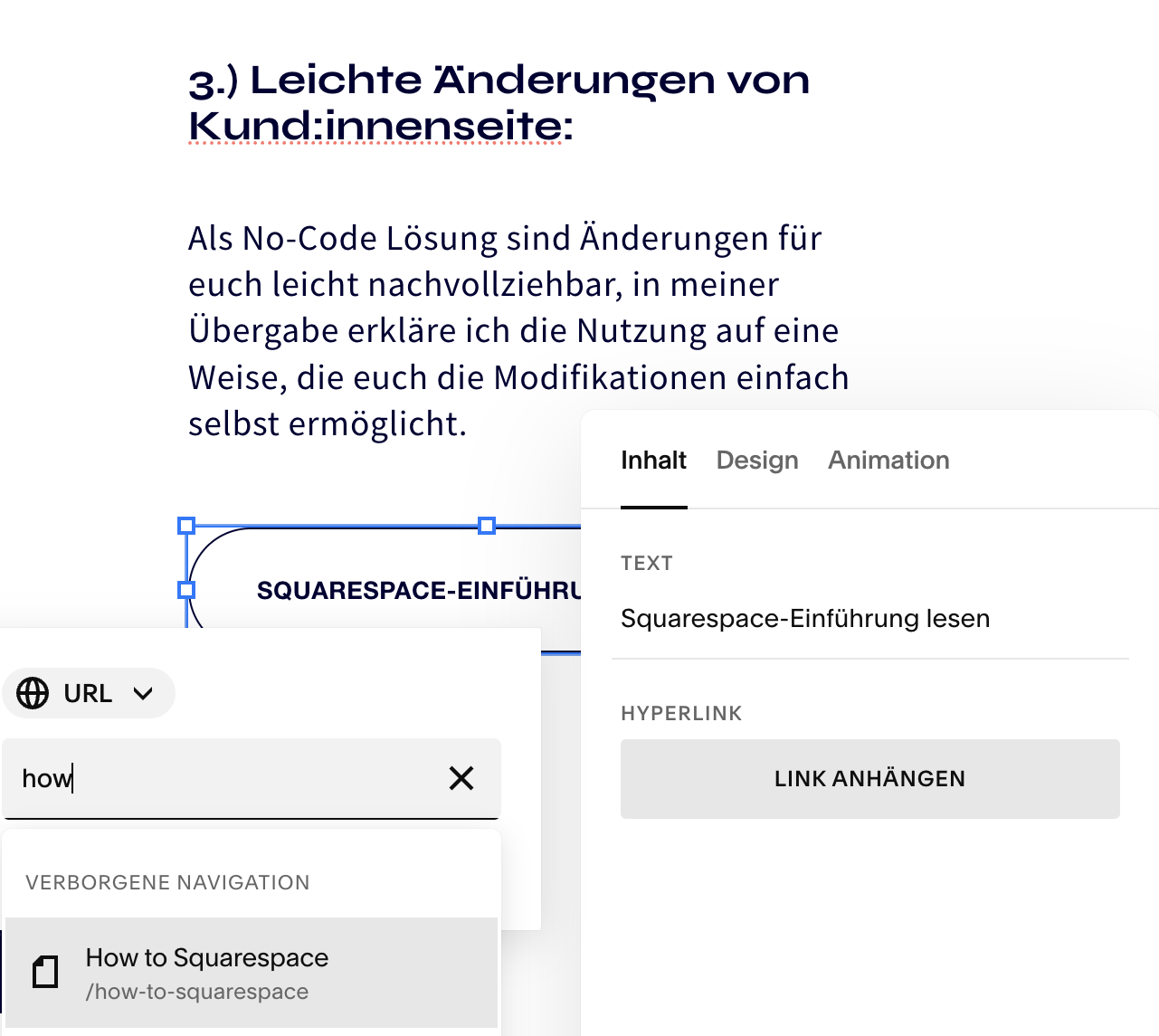 Screenshot of a German-language tutorial about making simple changes to the customer interface, including a section about Squarespace integration.