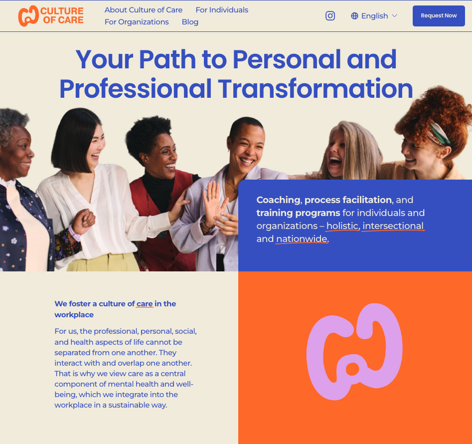 A diverse group of six people smiling and engaging with each other, with some placing their hands on one another's shoulders or arms, in a professional setting promoting personal and professional transformation.