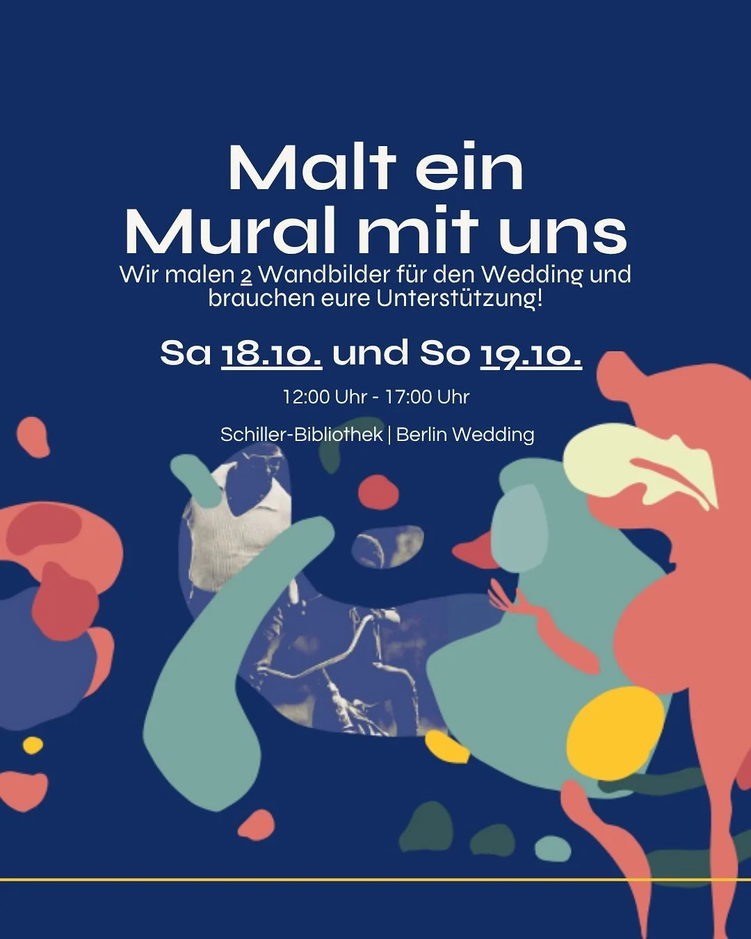 Was ist dein Purpose, deine Lebensaufgabe, und wie f&uuml;hlt es sich an, darin unterst&uuml;tzt zu werden?
&ndash;
Vom 18. - 19. Oktober 2025 malen die zwei Weddinger K&uuml;nstler:innen Diana Ejaita und Chie Marquart-Tabel neben der Schiller-Biblio