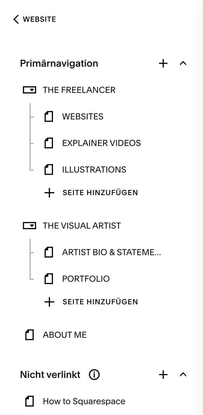 Screenshot of a website navigation menu with sections for 'THE FREELANCER' and 'THE VISUAL ARTIST', each containing links like Websites, Explainer Videos, Illustrations, Artist Bio & Statements, Portfolio, and About Me. Some categories are expanded, and there are options to add pages or links.