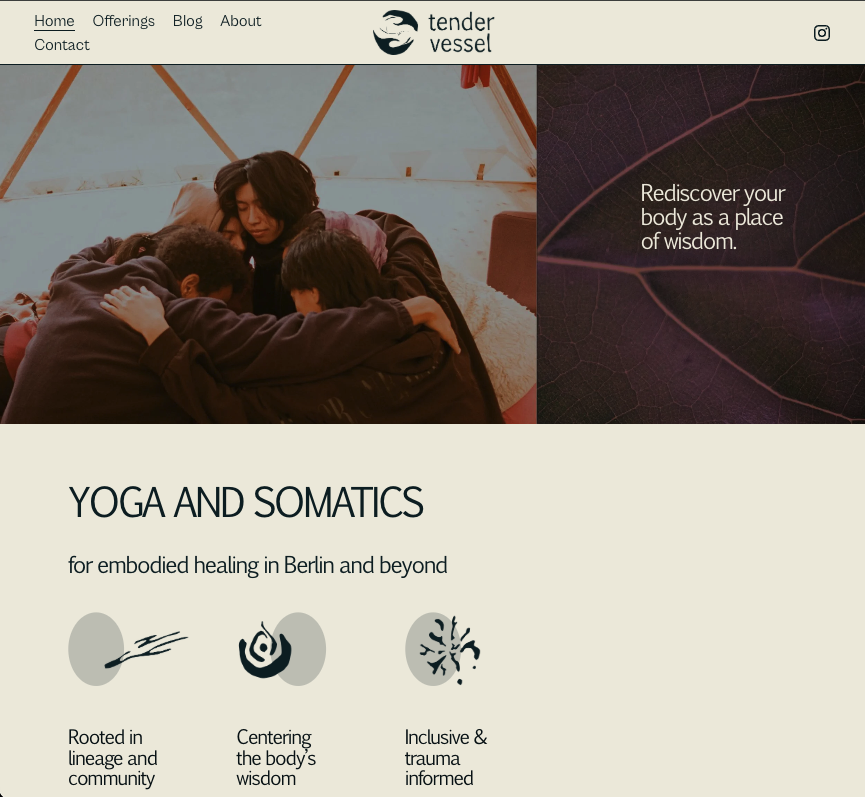 People practicing yoga in a tent, with a dark leafy background and the text "Rediscover your body as a place of wisdom."