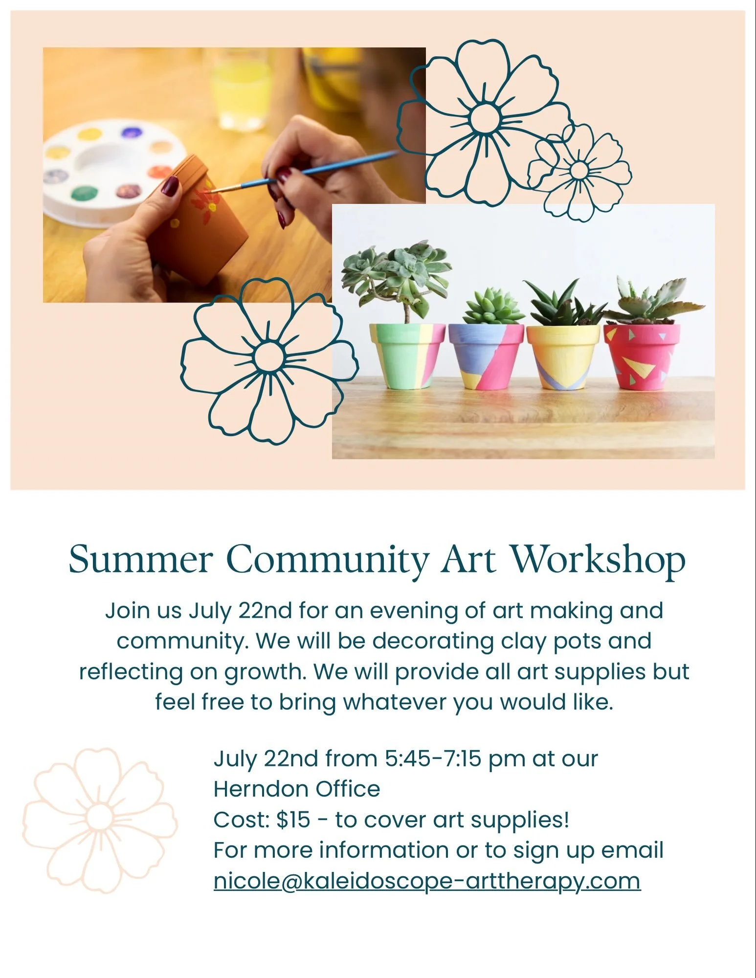 Join us July 22nd for an evening of art making and community. We will be decorating clay pots and reflecting on growth. We will provide all art supplies but feel free to bring whatever you would like.

July 22nd from 5:45-7:15 pm at our
Herndon Offic