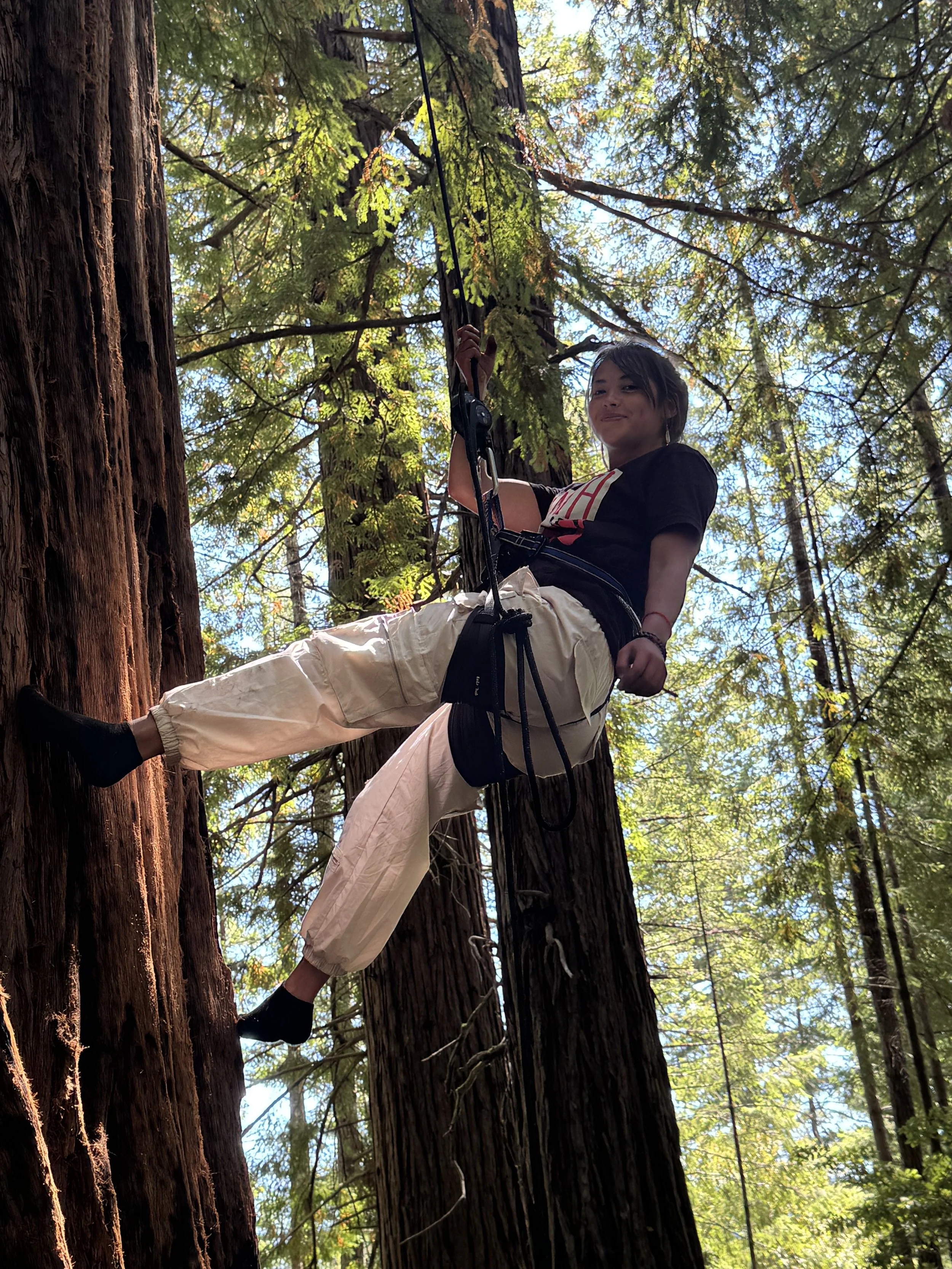 Local native youth dancer poses during a vertical dance session in the redwoods of Del Norte County CA during a DiRT & Glitter vertical dance camp