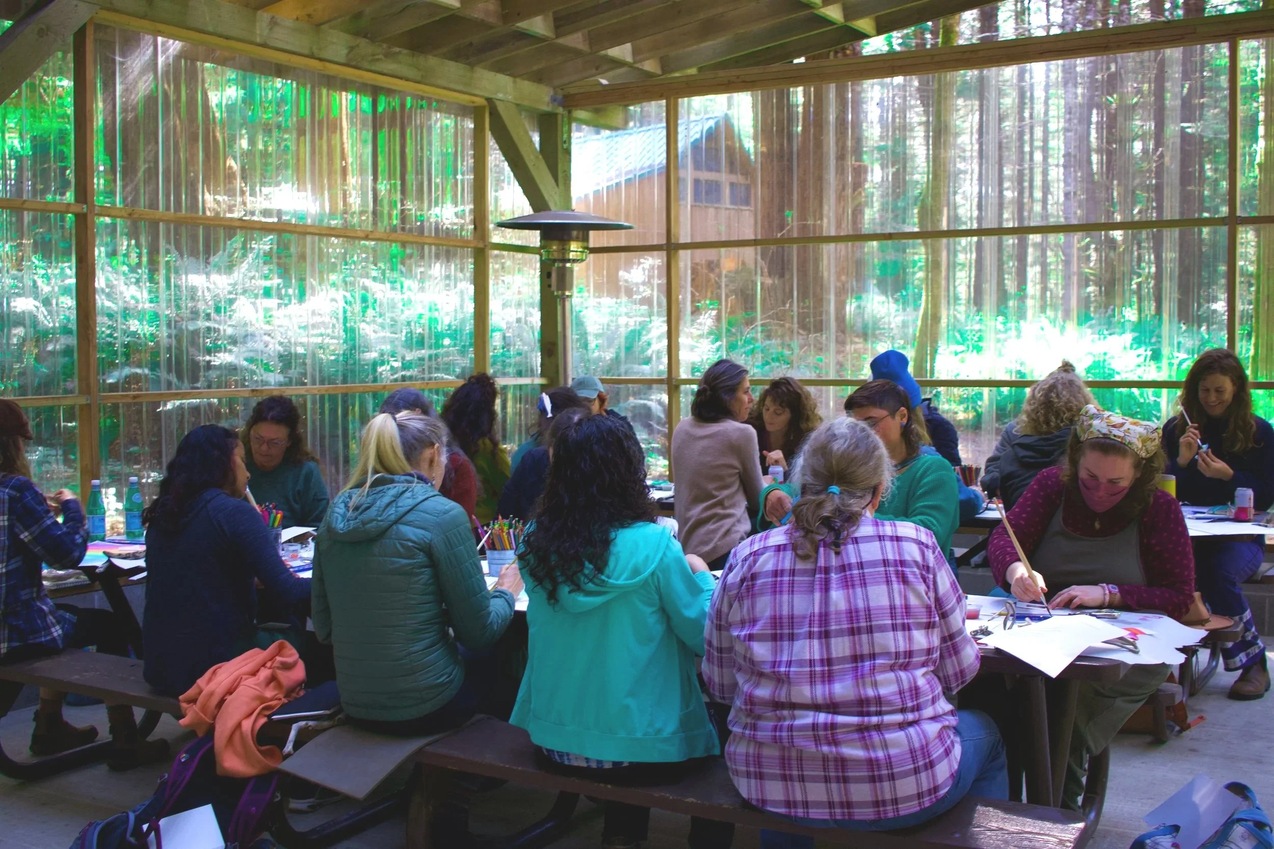 Participants create mobiles of their creative gardens at the March 2026 innerWILD Creative Retreat from DiRT & Glitter at Howland Hill Outdoor School in Del Norte County, CA