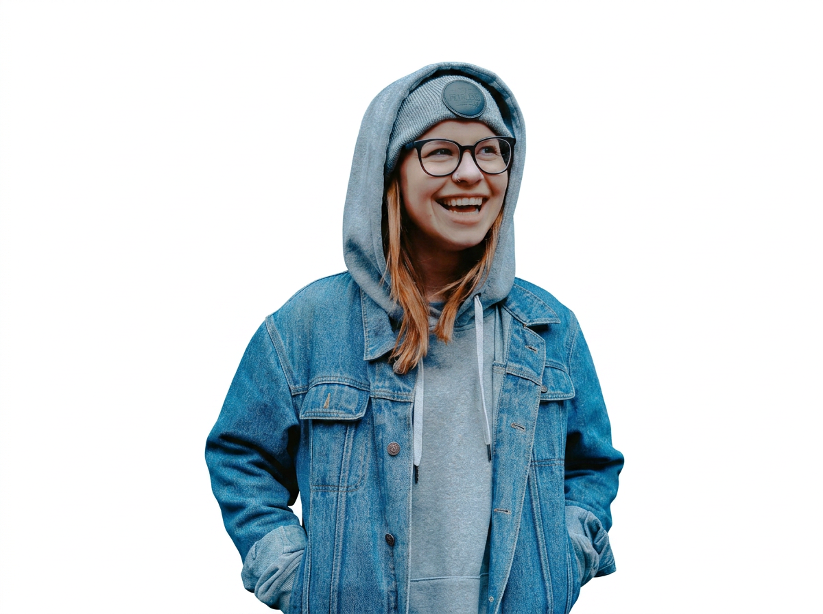 Smiling young woman in denim jacket, gray hoodie, gray beanie, and glasses standing with hands in pockets against a white background.