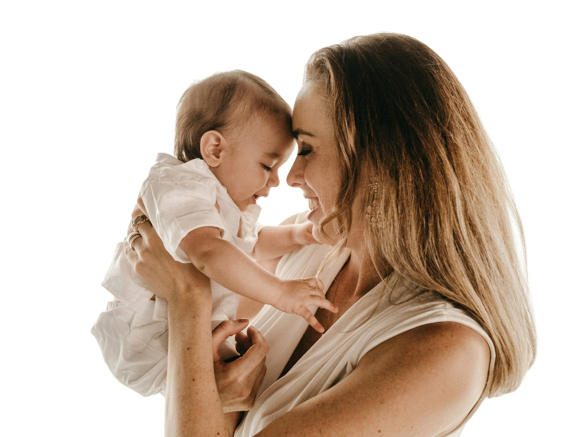 A mother holding her young child up close, with their foreheads touching in a tender moment, both smiling.