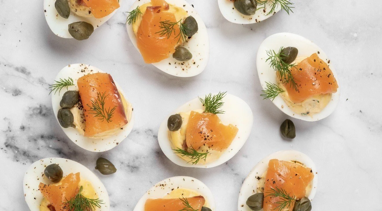 deviled eggs with salmon, dill and capers