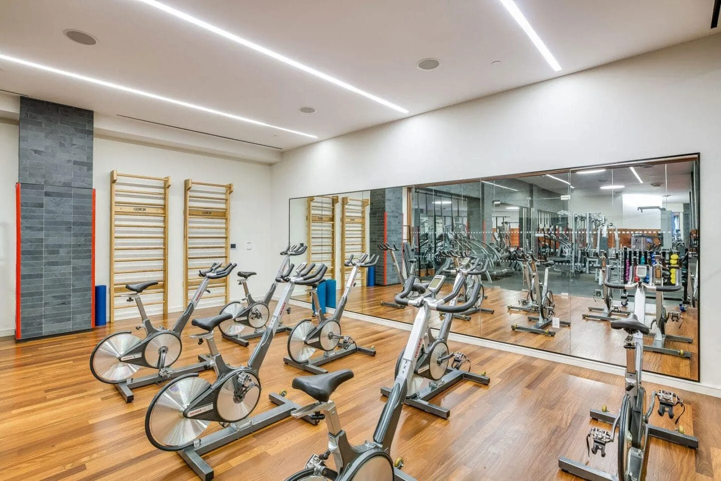 Indoor gym with wooden flooring, stationary bikes, exercise equipment, mirrors, and a wall-mounted ladder for stretching or exercises.
