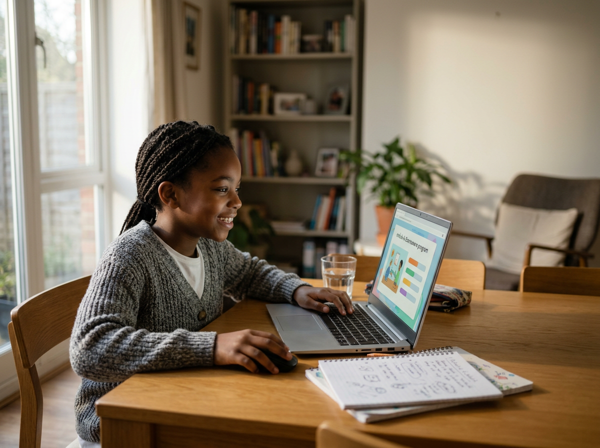 Girl doing school work online from home