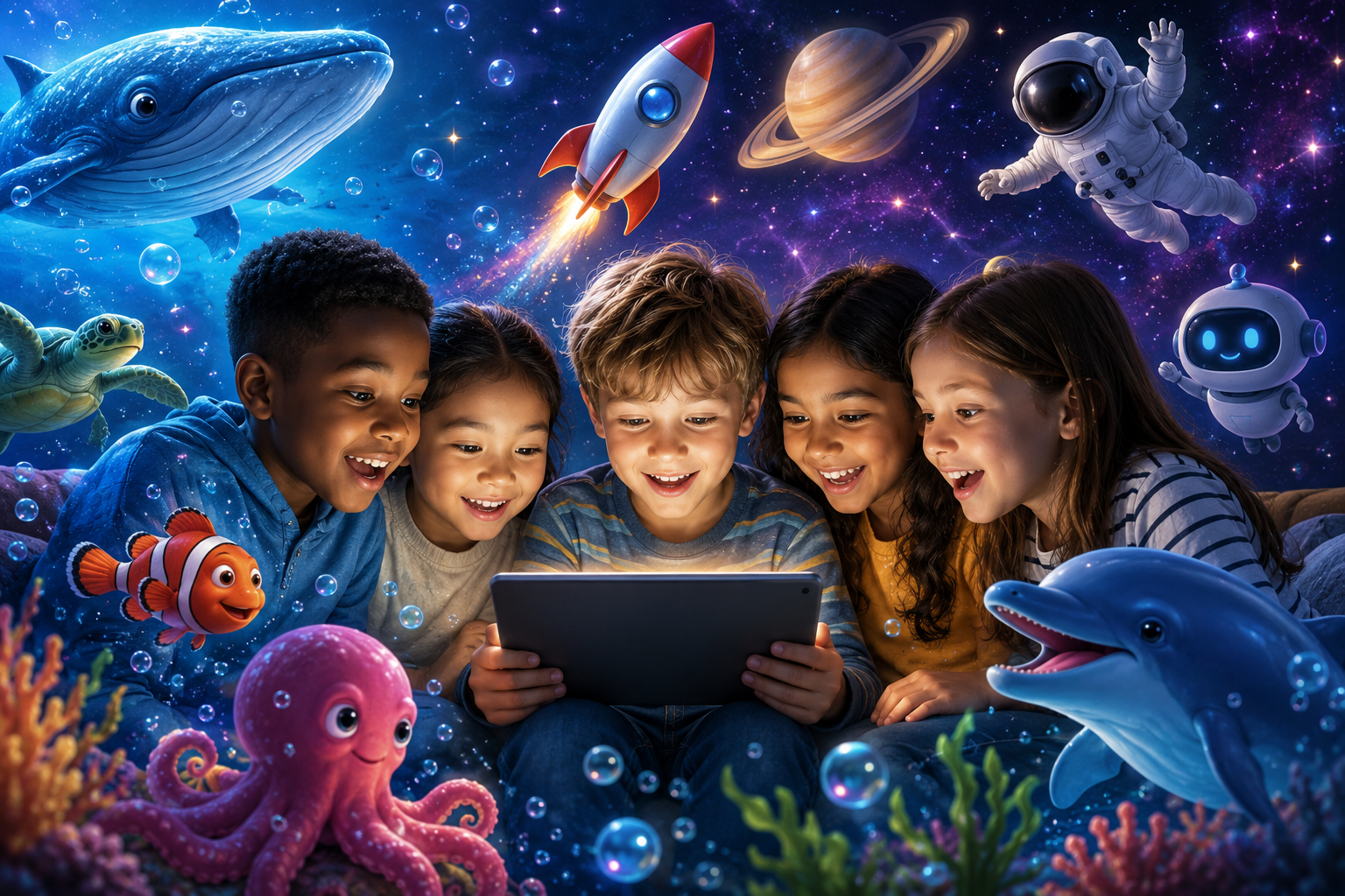 Kids playing on a tablet in the midst of a space and deep ocean scene