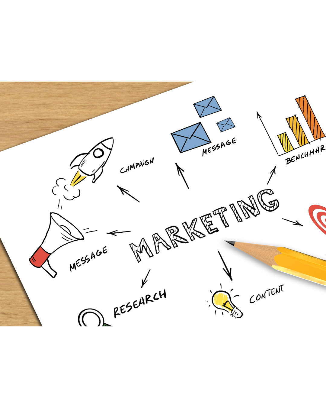 Image of a marketing process including message, campaign, research, content, and benchmarks