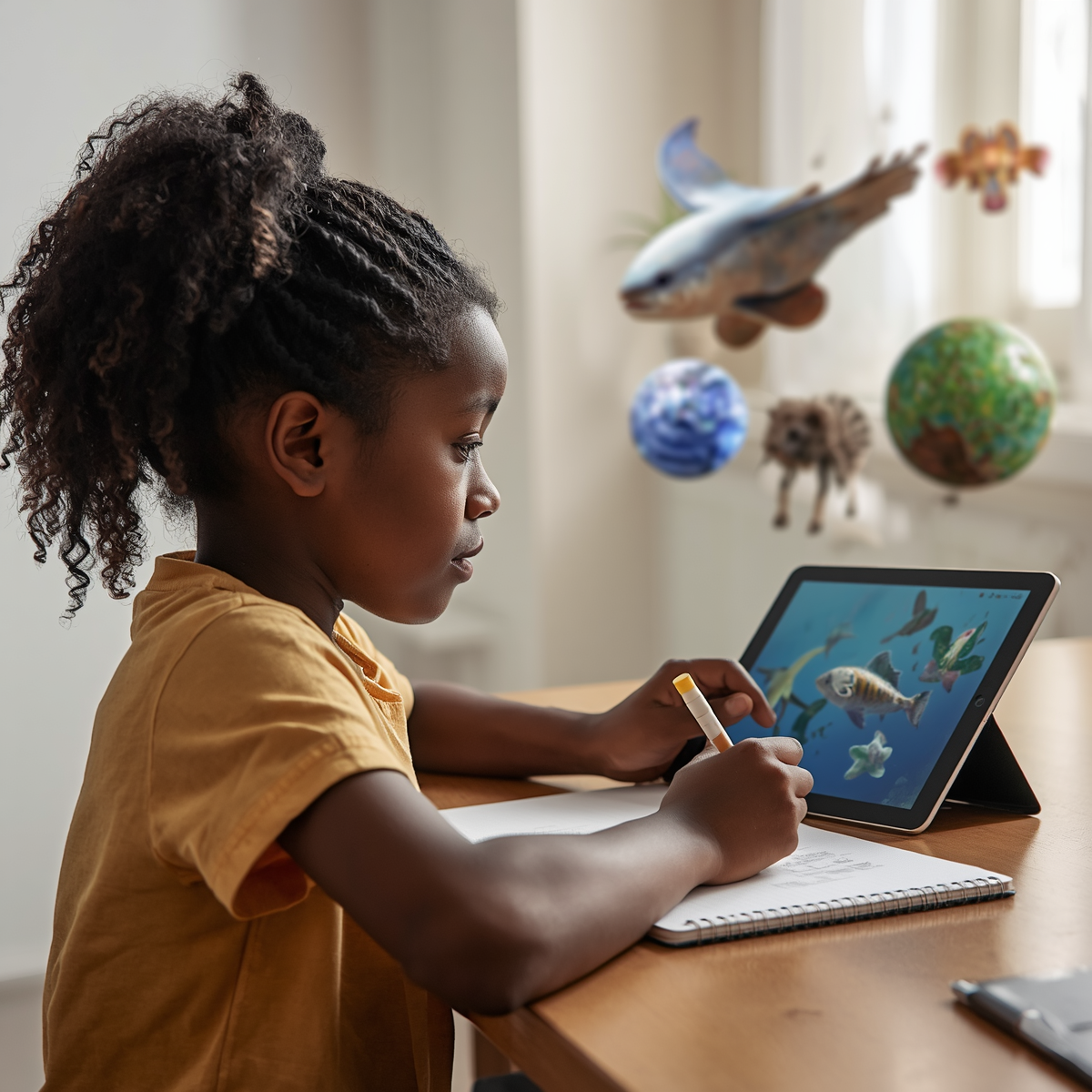 A focused elementary-aged Black girl sitting at a table with a tablet showing ocean quest on the screen and notebook in side profile, actively thinking and writing ideas, with subtle visual elements like sketches, diagrams, or notes