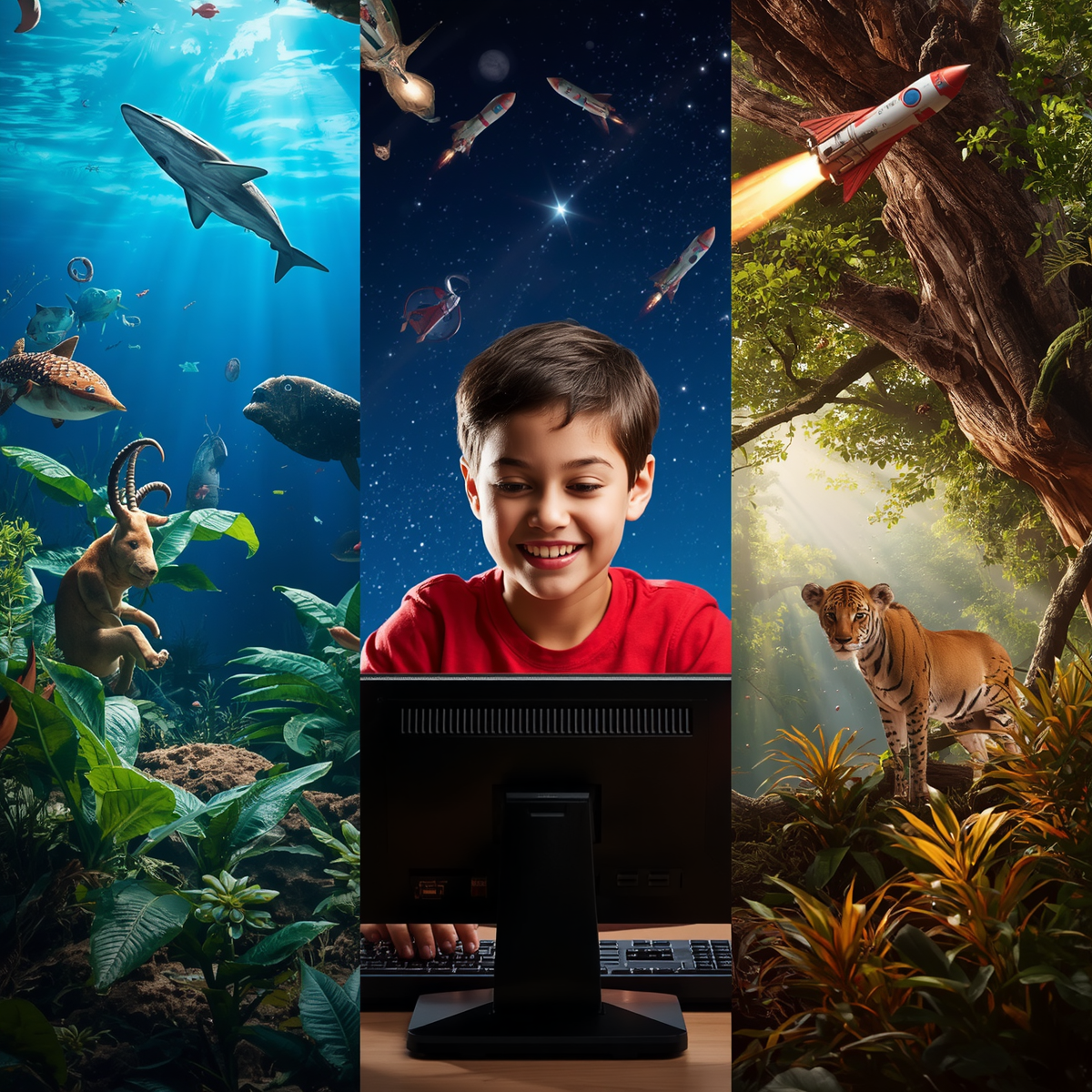 A single elementary-aged child at the center on a computer, surrounded by different exciting environments in a split-panel style including ocean scenes with sea creatures, outer space with rockets and stars, lush rainforest plants