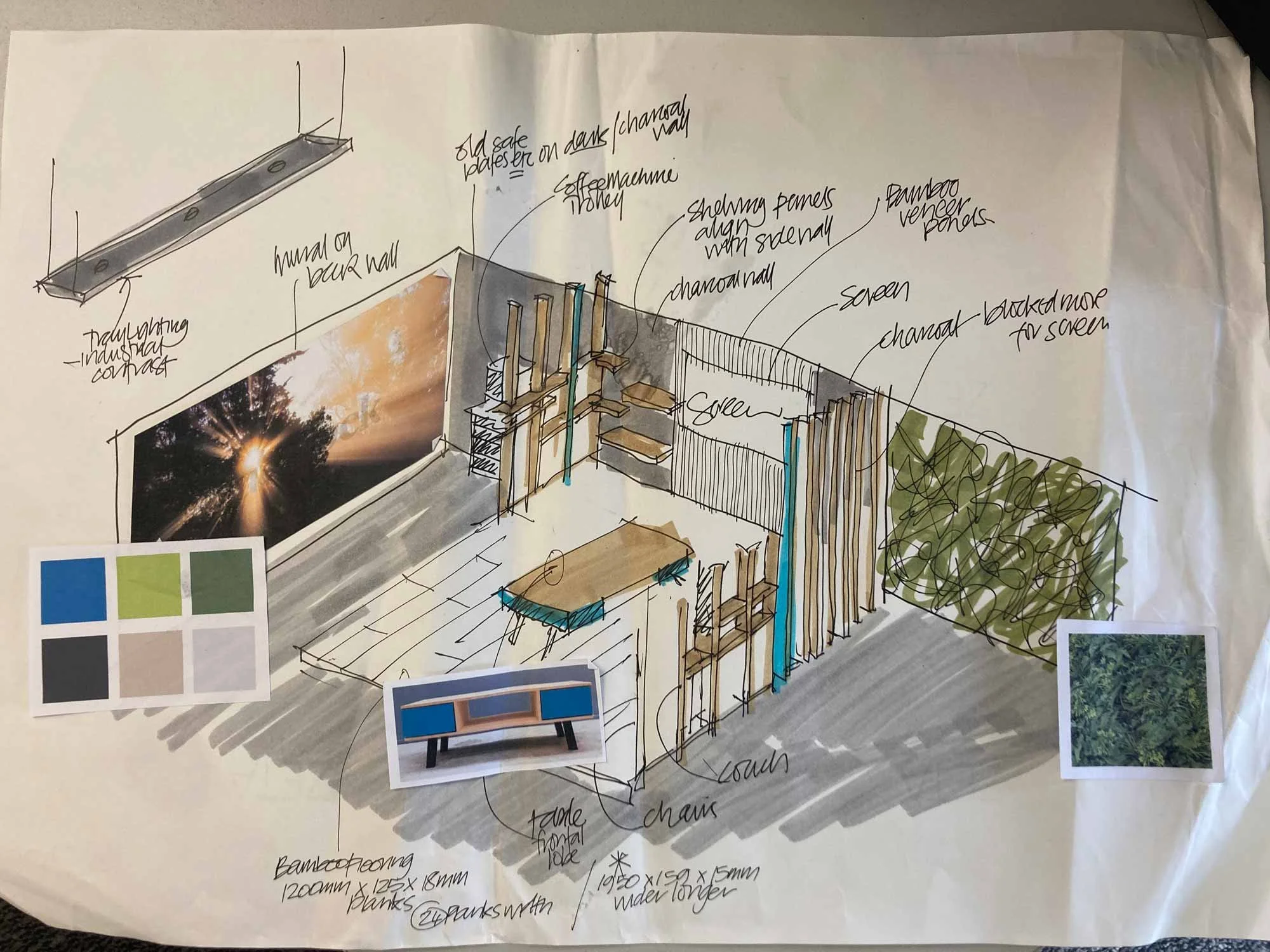 sketch diagram of James bull showroom design Marty was involved with