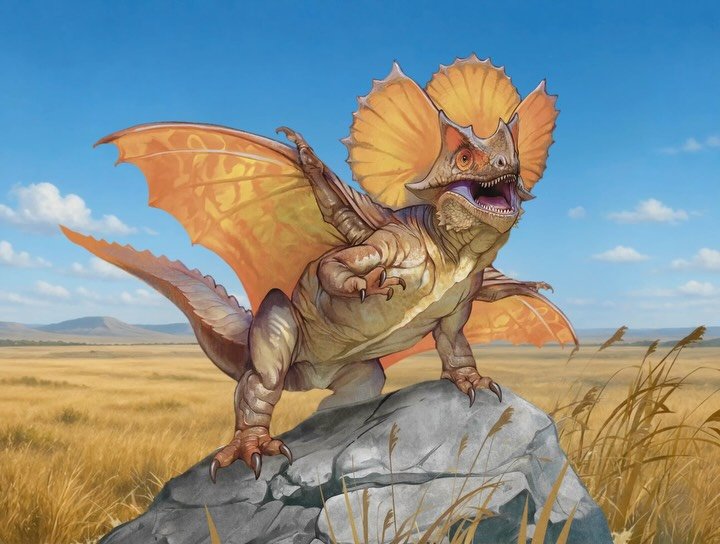 Fire breathing is a hallmark of dragon adaptation, but sometimes just the appearance of flame is enough to inspire fear. The flamefrill dragon is a formidable desert predator, instantly recognizable by its &ldquo;false flame,&rdquo; or massive, retra