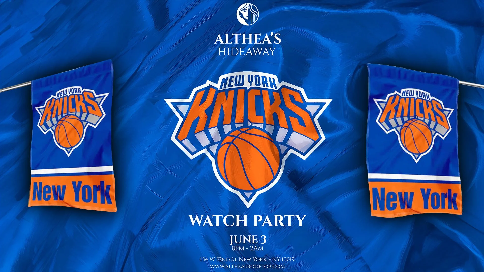 Invitation for a watch party event on June 3rd at Althea's Hideaway in New York City, with the New York Knicks logo and flags.