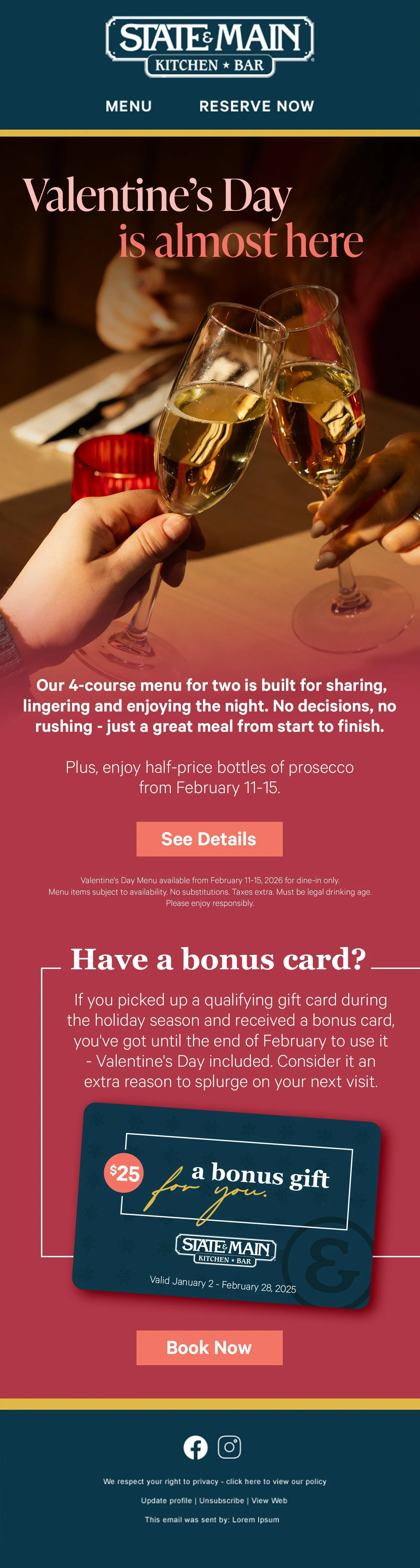 A promotional flyer for State & Main Kitchen Bar celebrating Valentine's Day, with an image of two people clinking glasses of champagne. The flyer mentions a special four-course menu for two, half-price bottles of prosecco from February 11-15, and a bonus gift card offer.