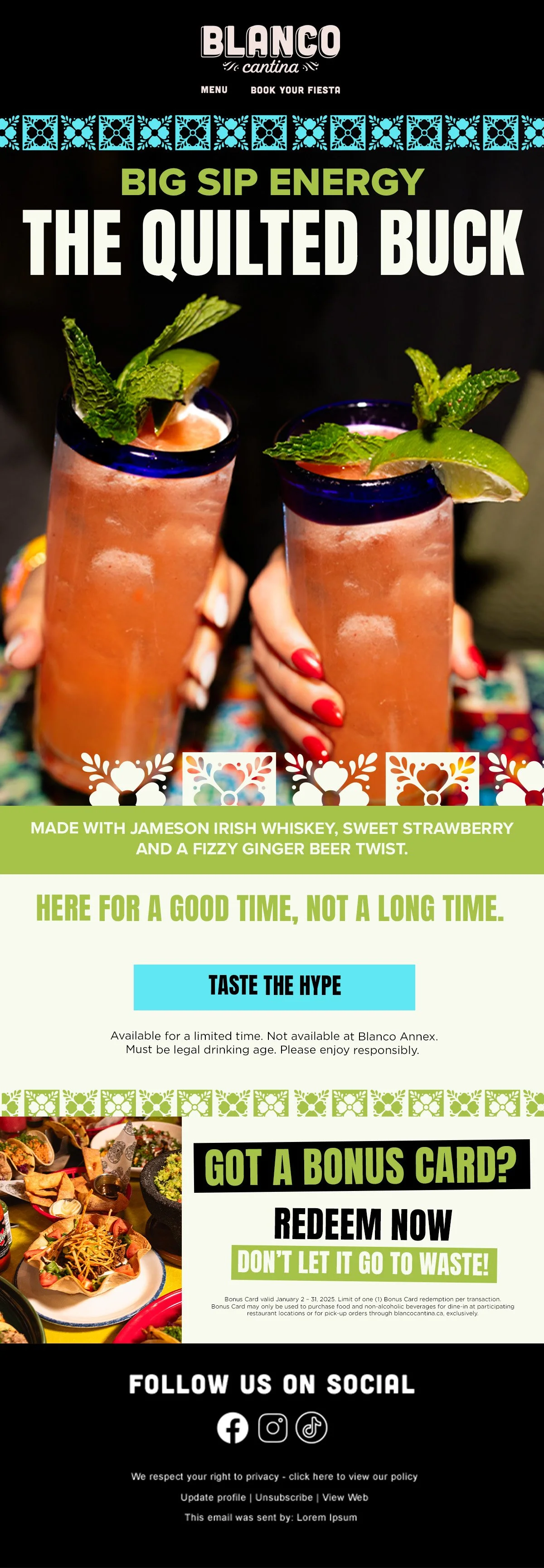 Two hands holding tall glasses of a pink cocktail with mint leaves and lime wedges, set against a colorful table. The poster advertises a drink called 'The Quilted Buck,' made with Jameson Irish whiskey, strawberry, and ginger beer, served at Blanco.