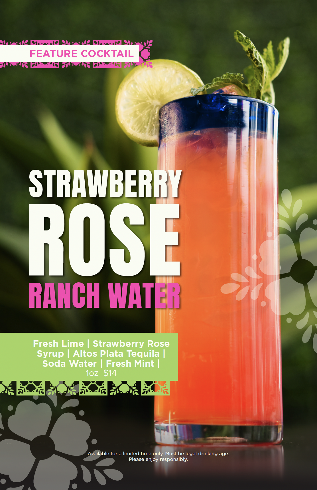 A tall glass of pink strawberry rose ranch water garnished with a lemon slice and mint leaves, with a green background and floral graphics.