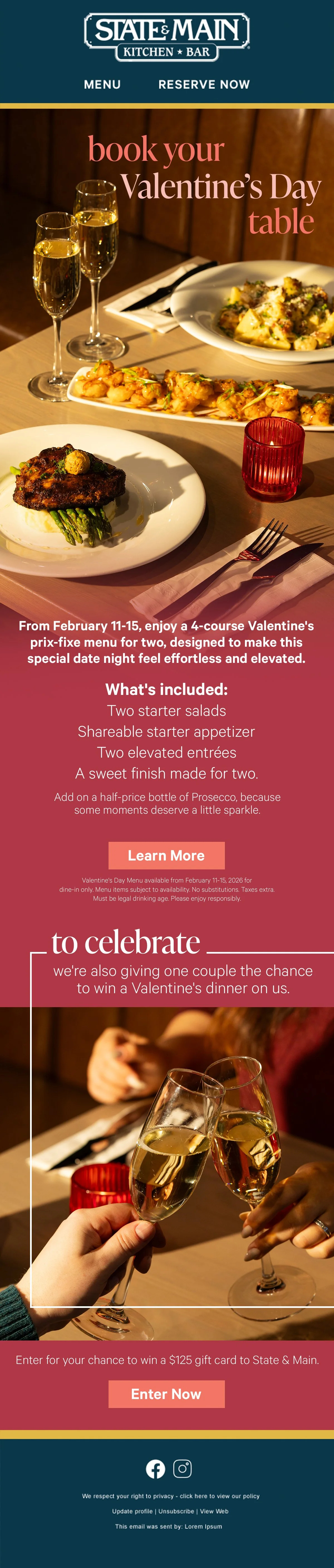 Valentine's Day promotion for State & Main Kitchen Bar offering a special 4-course prix-fixe menu for two, with images of a dinner table, food, and people clinking champagne glasses.