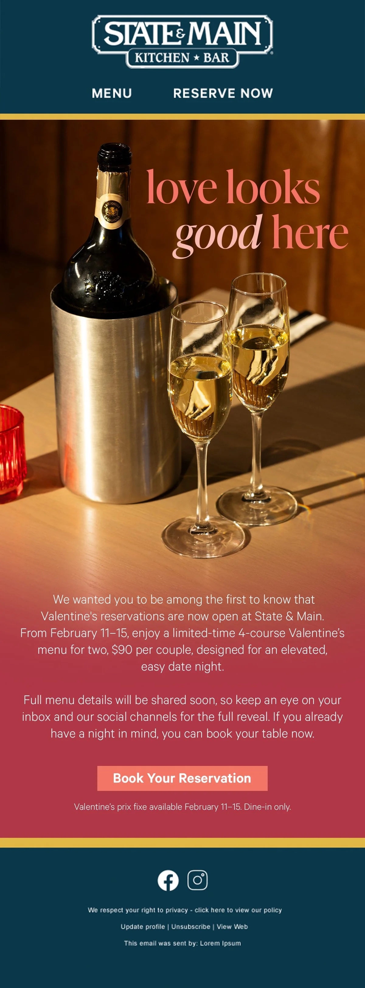 A promotional flyer for State & Main Kitchen & Bar featuring a bottle of champagne in an ice bucket and two glasses of champagne, with pink text that says 'love looks good here' and details about Valentine's Day reservations and menu.